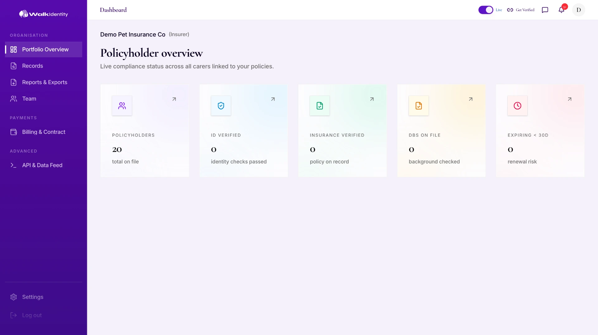WalkIdentity portfolio dashboard showing policyholder compliance status